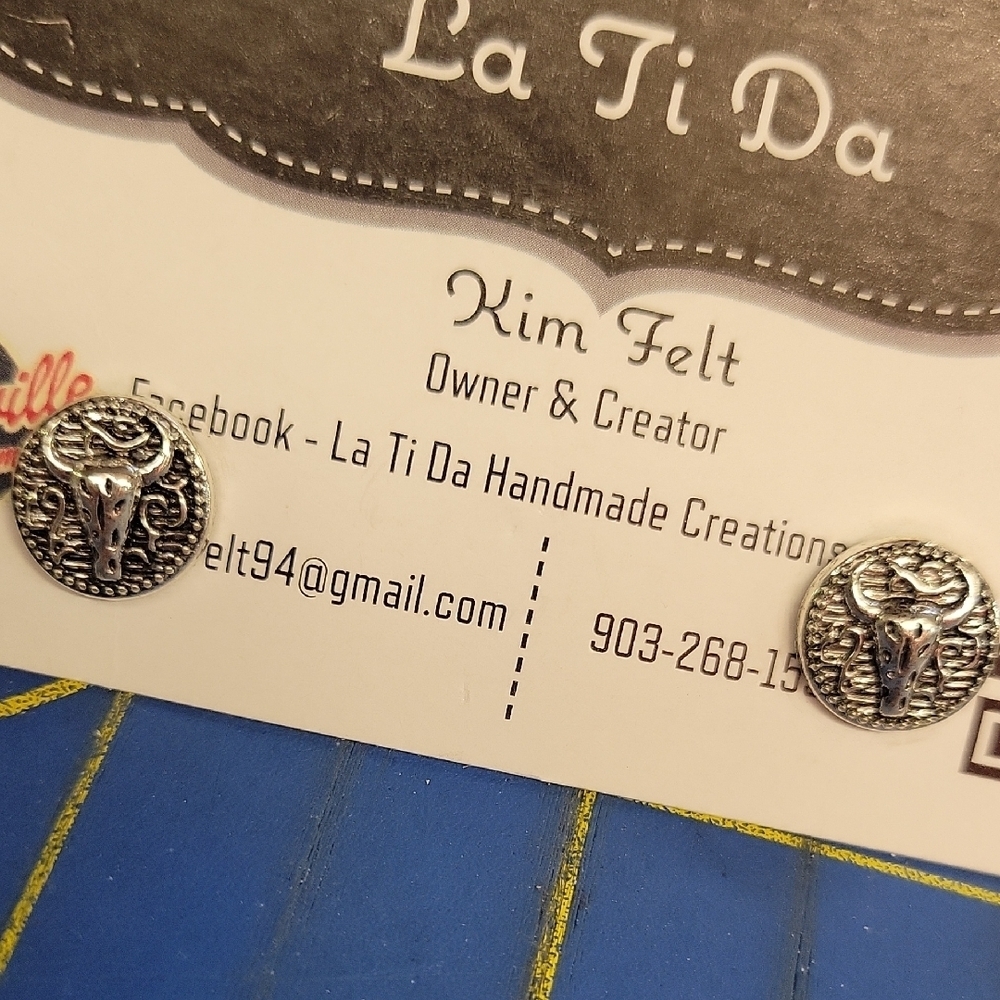 Silver Tone Bull Head Stud 0.5" Earrings